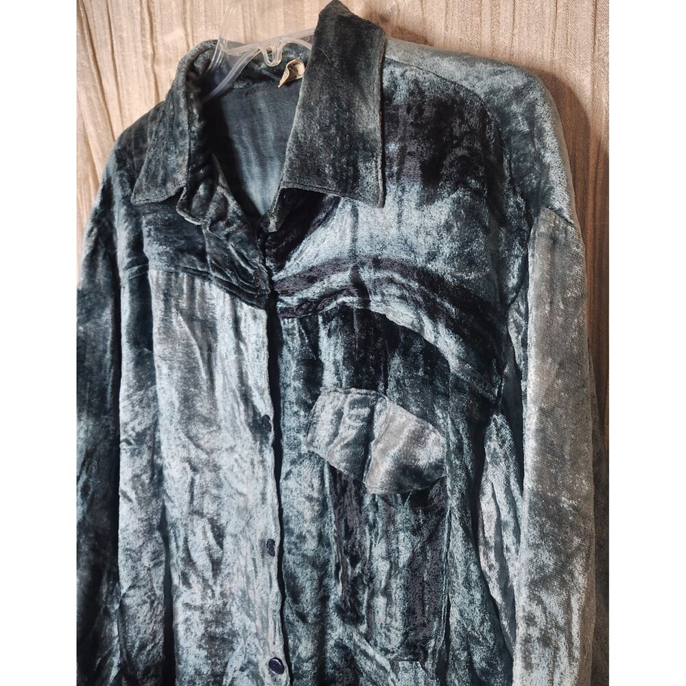 Turquoise Crushed Velvet Button Up Shirt XL Oversized Shacket Viscose Blend - Picture 2 of 6